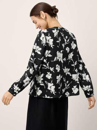 100% Linen Floral Printed Gathered Pullover Top AMIYA - Glamourous Grace