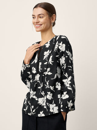 100% Linen Floral Printed Gathered Pullover Top AMIYA - Glamourous Grace