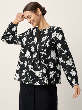 100% Linen Floral Printed Gathered Pullover Top AMIYA - Glamourous Grace