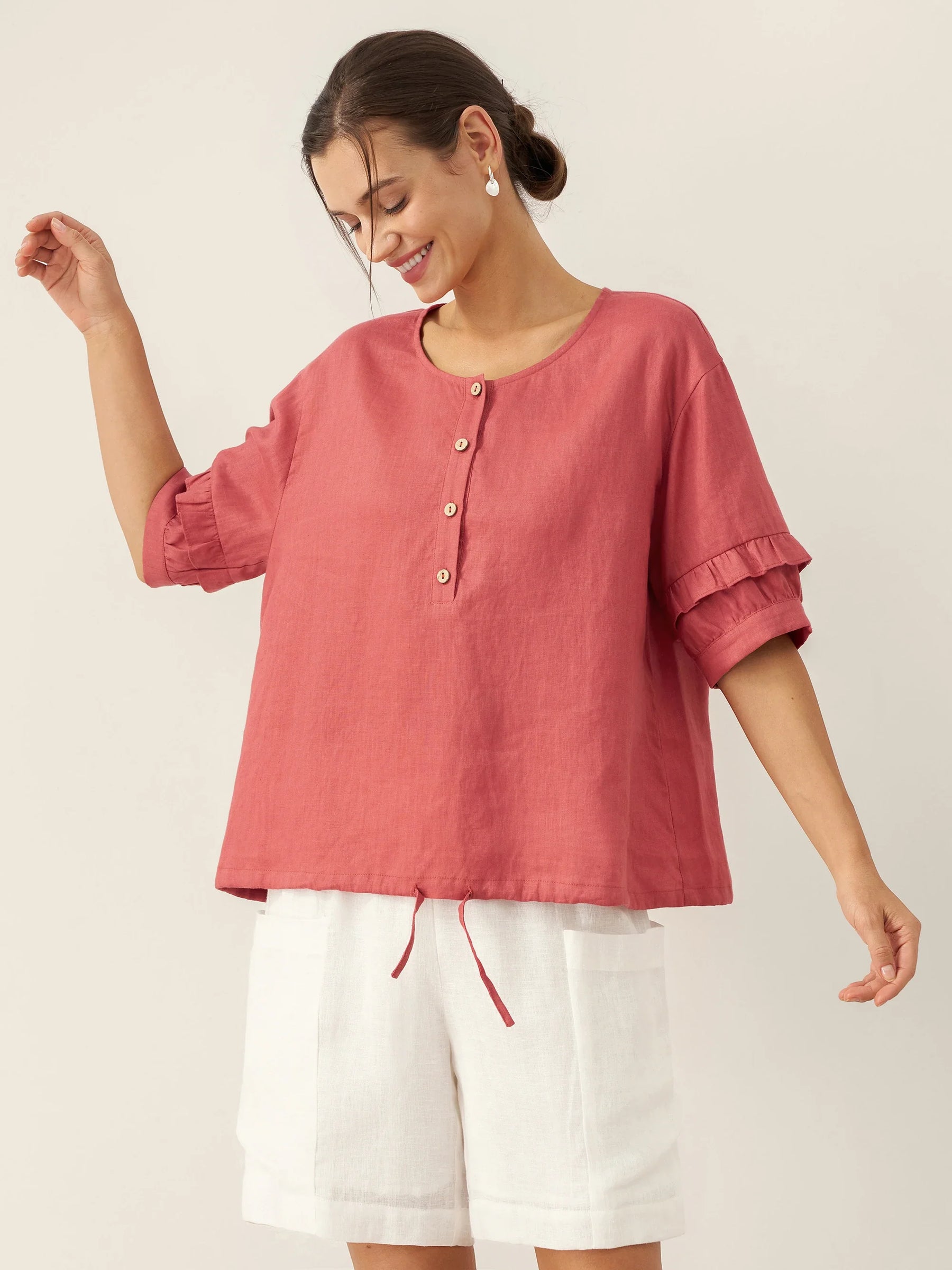 100% Linen Flutter Sleeve Drawstring Top ZOEY - Glamourous Grace