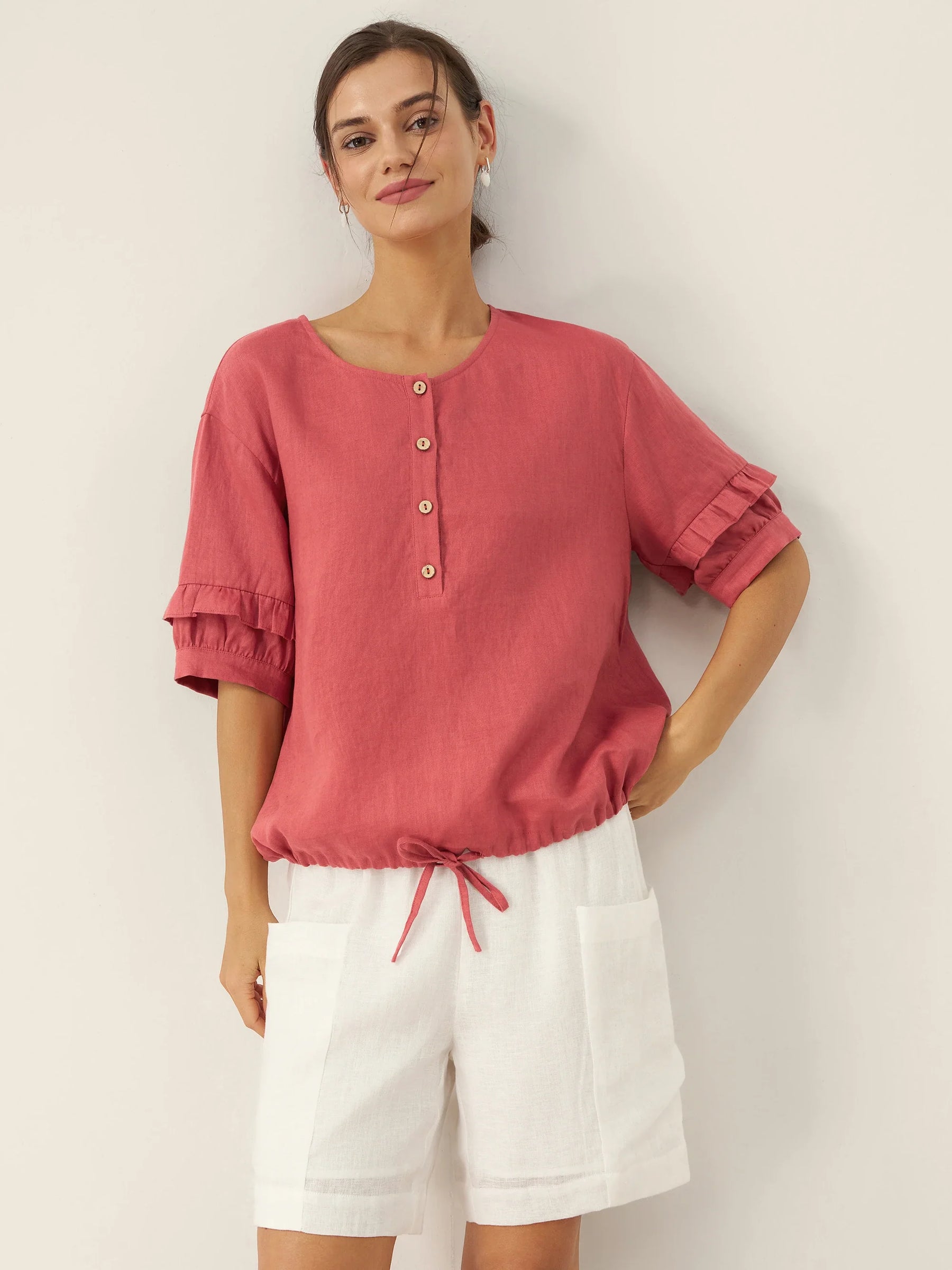 100% Linen Flutter Sleeve Drawstring Top ZOEY - Glamourous Grace