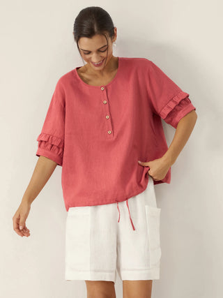 100% Linen Flutter Sleeve Drawstring Top ZOEY - Glamourous Grace