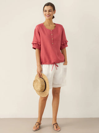 100% Linen Flutter Sleeve Drawstring Top ZOEY - Glamourous Grace