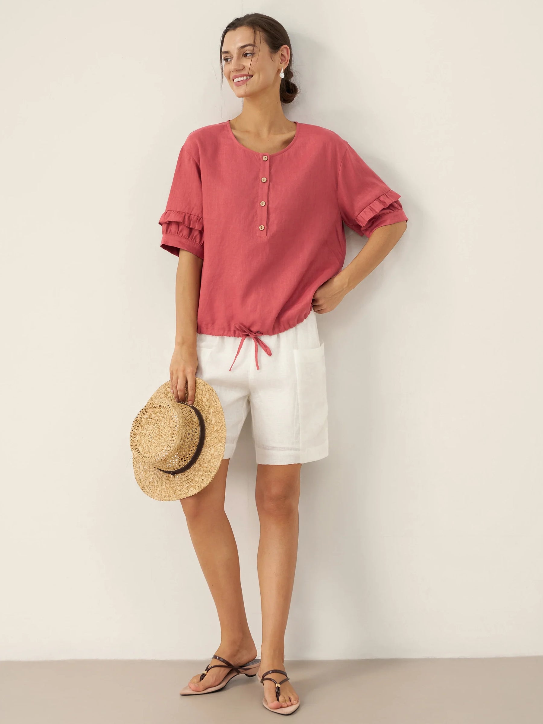 100% Linen Flutter Sleeve Drawstring Top ZOEY - Glamourous Grace