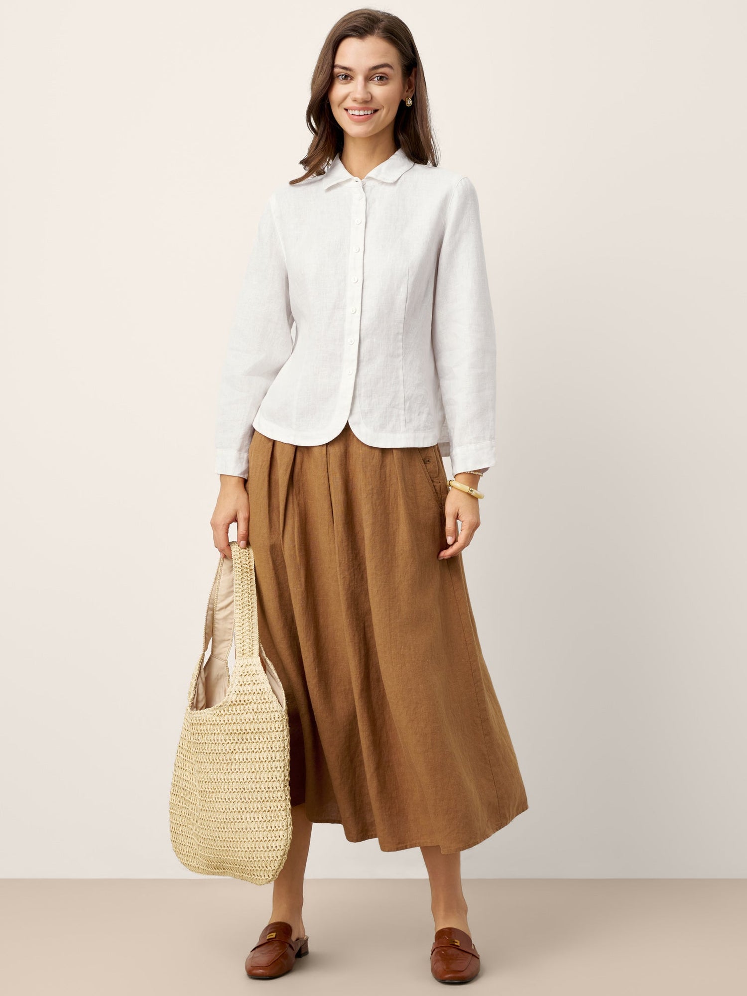 100% Linen Small Collar Curved Hem Tailored Shirt AVELINE - Glamourous Grace