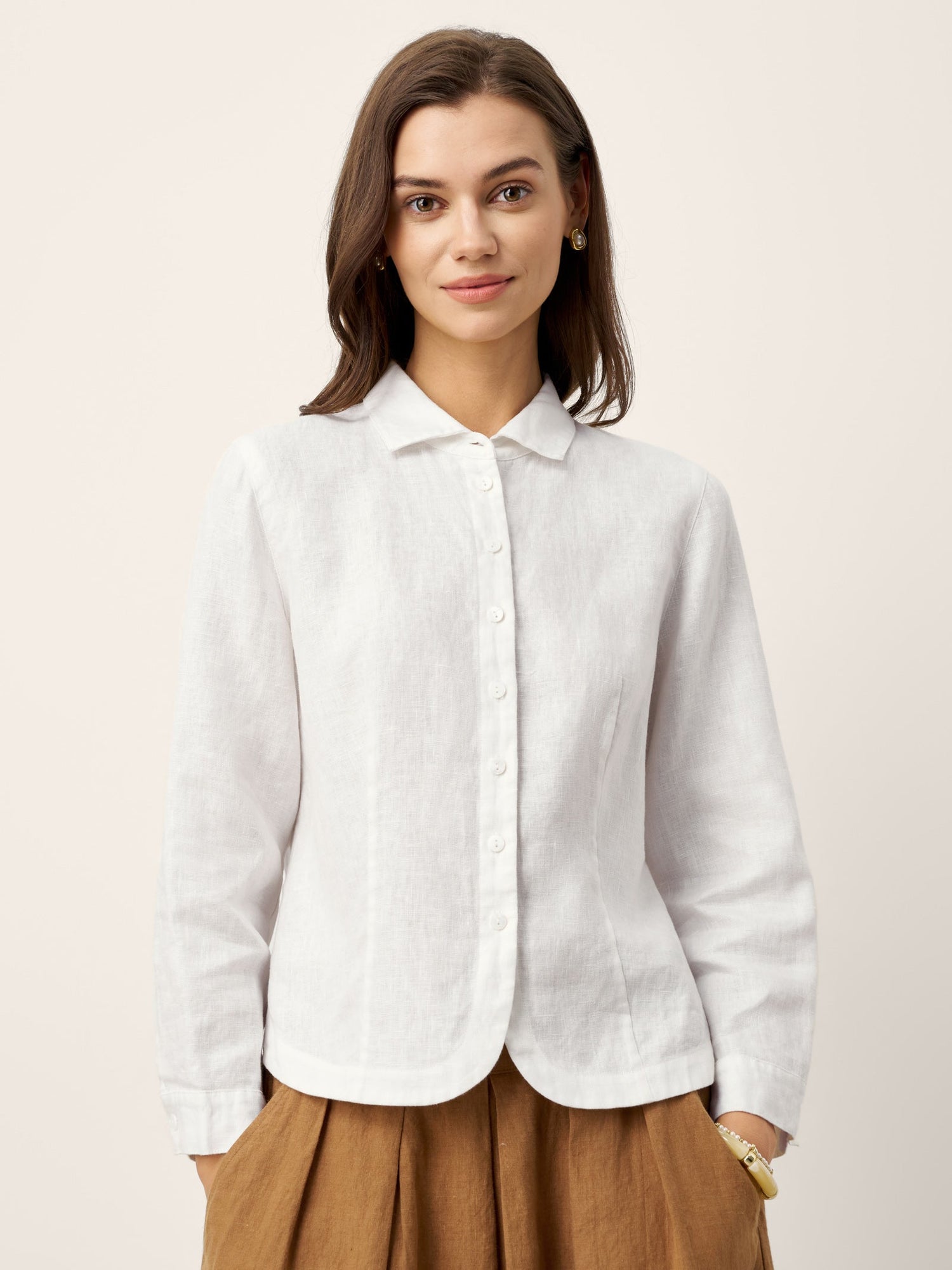 100% Linen Small Collar Curved Hem Tailored Shirt AVELINE - Glamourous Grace