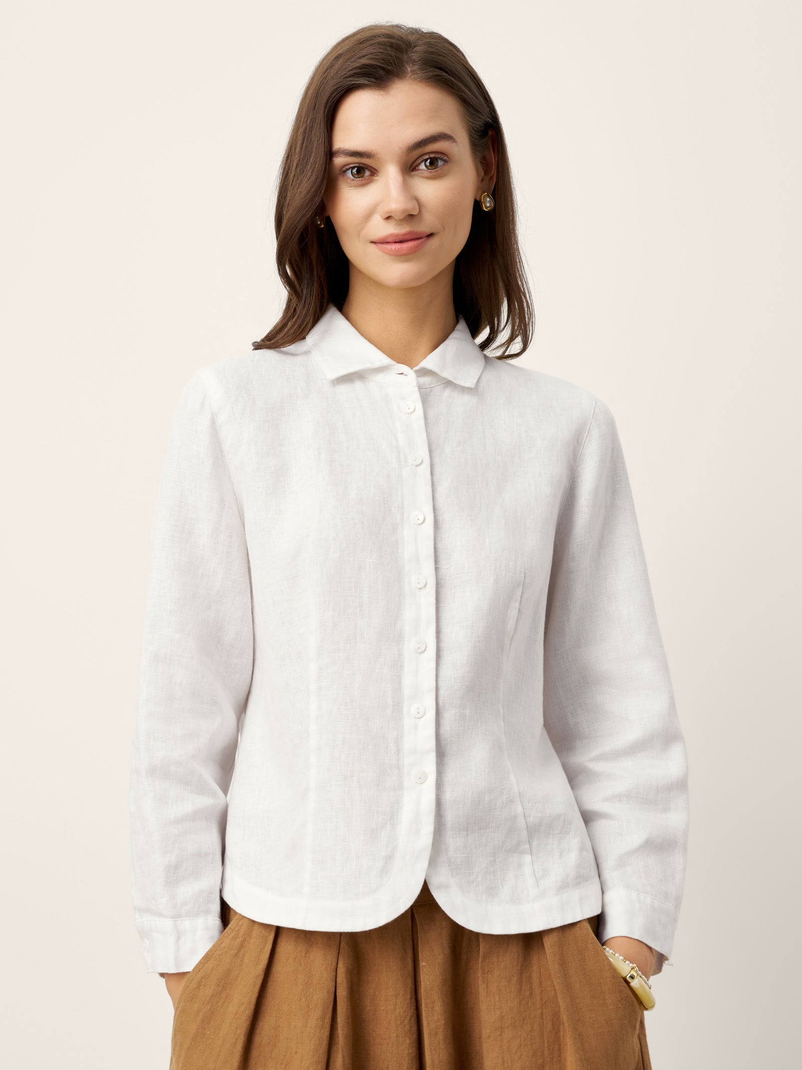 100% Linen Small Collar Curved Hem Tailored Shirt AVELINE - Glamourous Grace