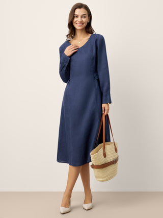 100% Linen Gathered Waist Flap Detail Midi Dress DIANA - Glamourous Grace