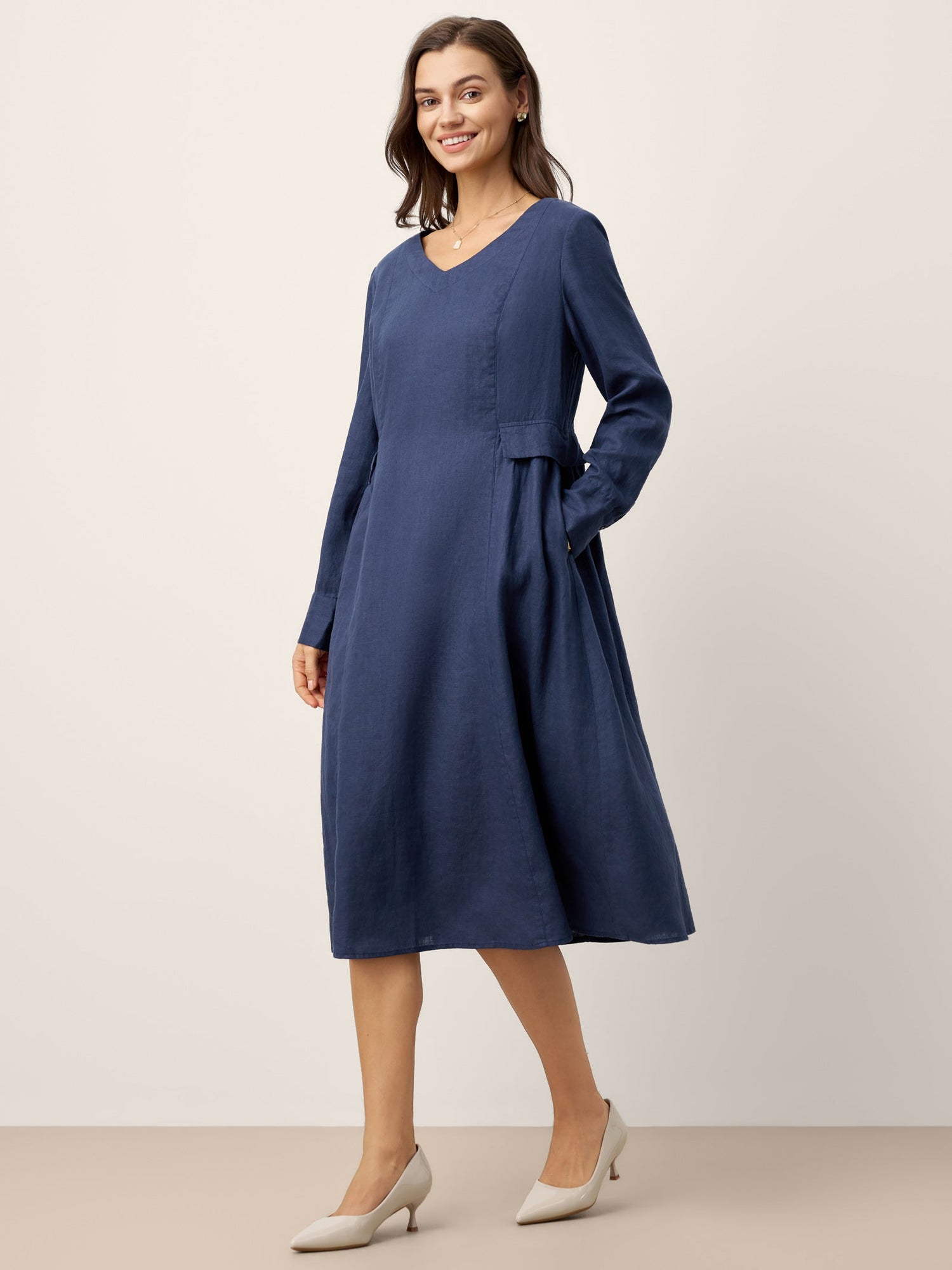 100% Linen Gathered Waist Flap Detail Midi Dress DIANA - Glamourous Grace