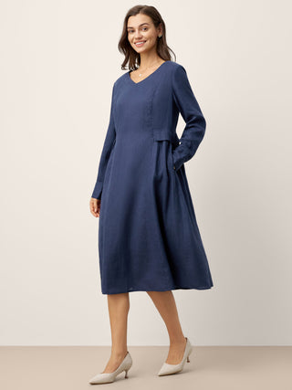 100% Linen Gathered Waist Flap Detail Midi Dress DIANA - Glamourous Grace
