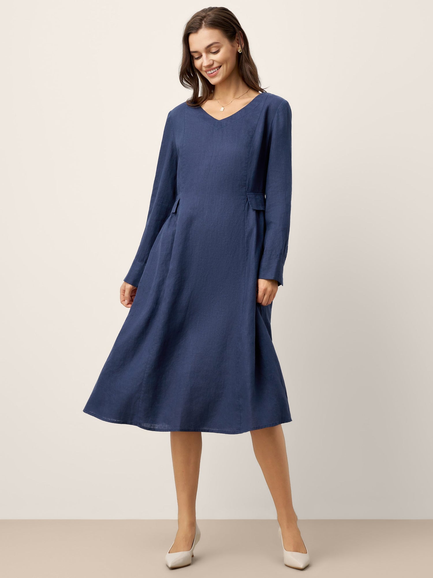 100% Linen Gathered Waist Flap Detail Midi Dress DIANA - Glamourous Grace
