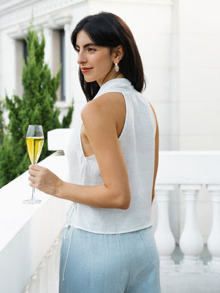 100% Linen Halter Neck Tie-Front Crop Top FAYE - Glamourous Grace