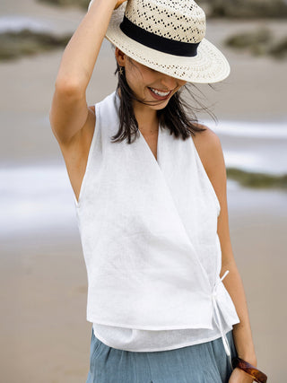 100% Linen Halter Neck Tie-Front Crop Top FAYE - Glamourous Grace