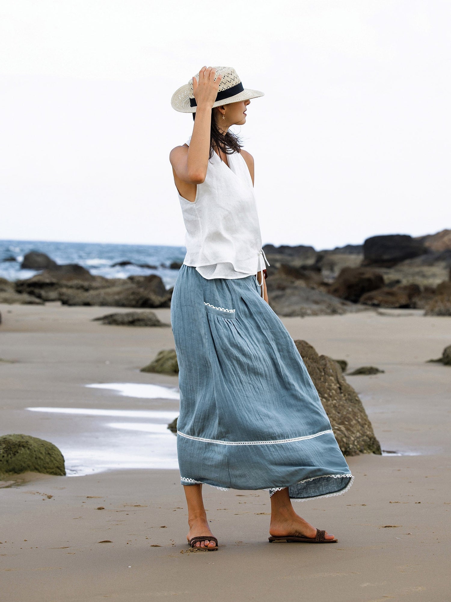 100% Linen Lace-Up Pocket Skirt FENLA - Glamourous Grace