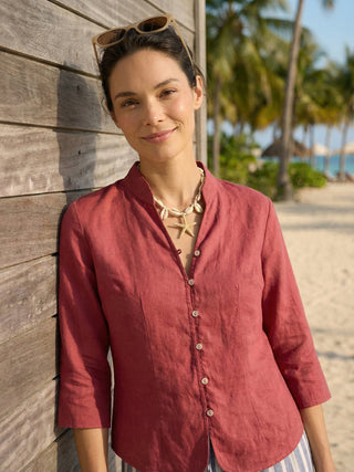 LINTICO Amelia linen fitted jacket with hand-stitched buttons in Ancora Red, stylish lightweight outerwear for women.