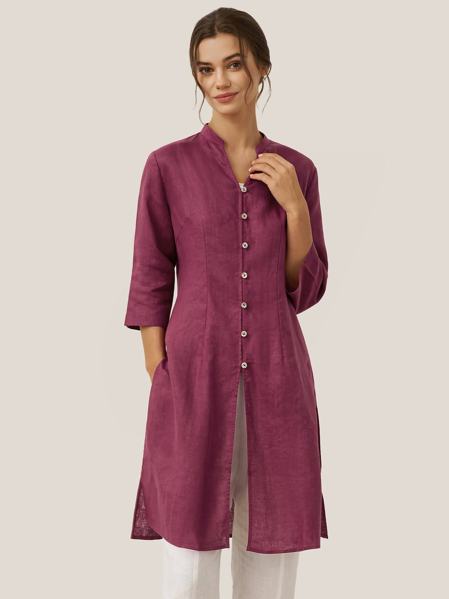 100% Linen Hand Button Long Top DILLON - Glamourous Grace