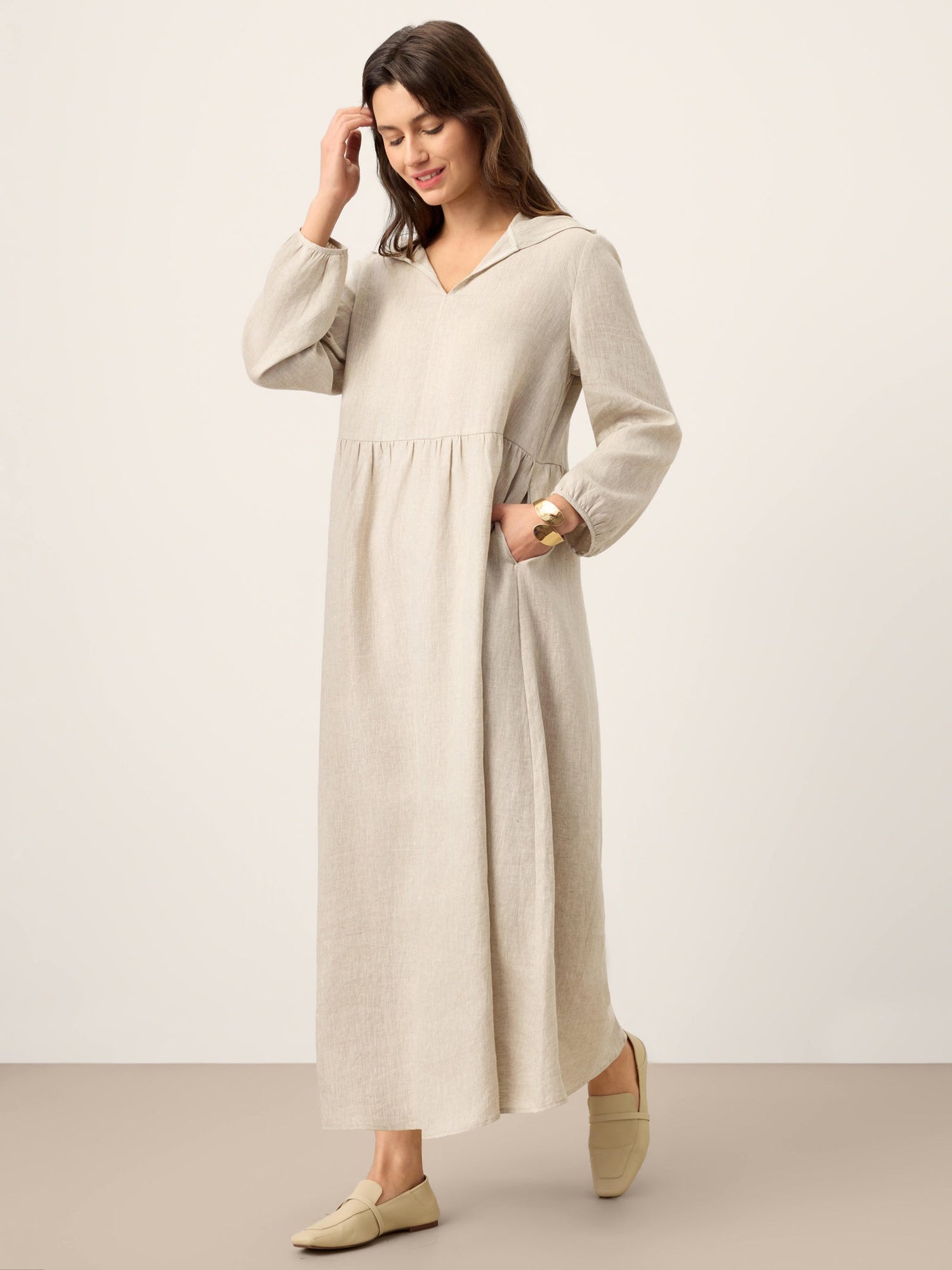 100% Linen Sculpted-Hood Caftan Maxi Dress LINETTE - Glamourous Grace