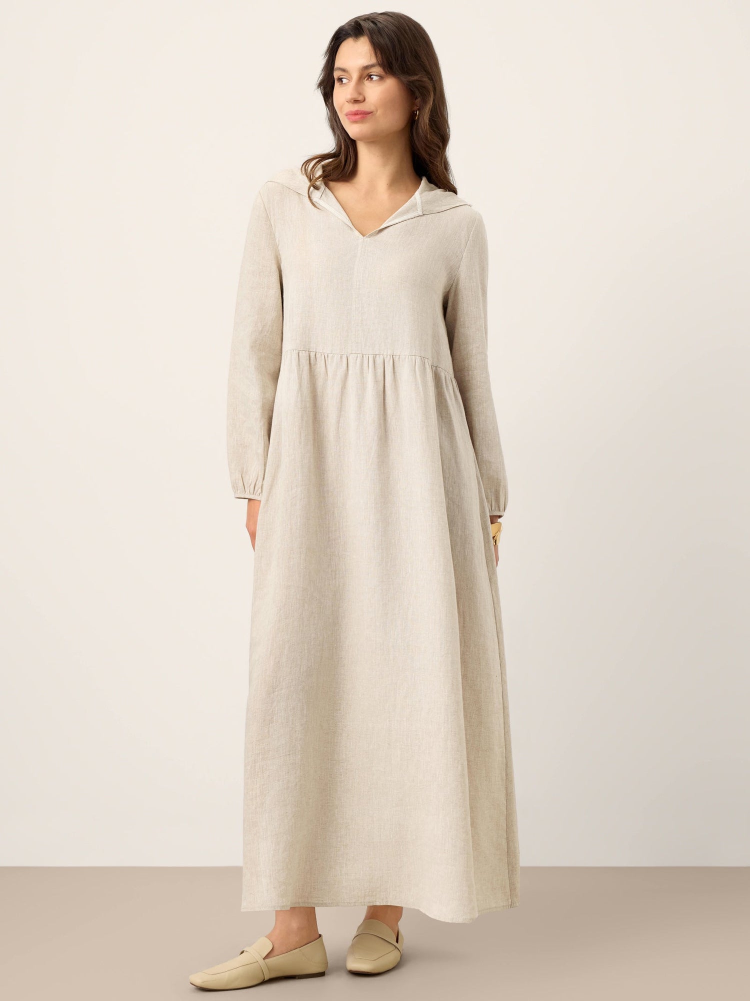 100% Linen Sculpted-Hood Caftan Maxi Dress LINETTE - Glamourous Grace