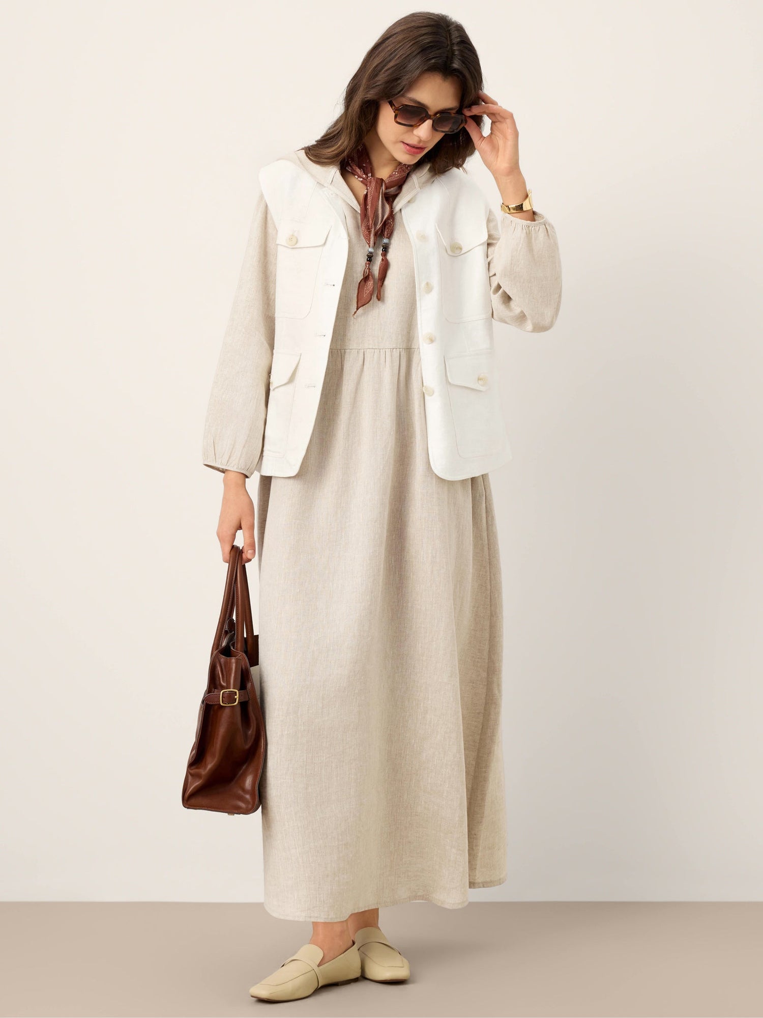 100% Linen Sculpted-Hood Caftan Maxi Dress LINETTE - Glamourous Grace