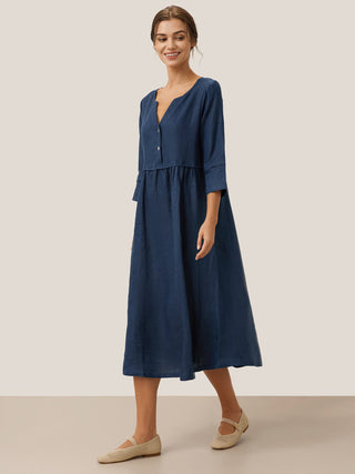 Navy blue LINTICO 100% linen loose fit maxi dress with button waist and gathered design, perfect for casual summer wear.