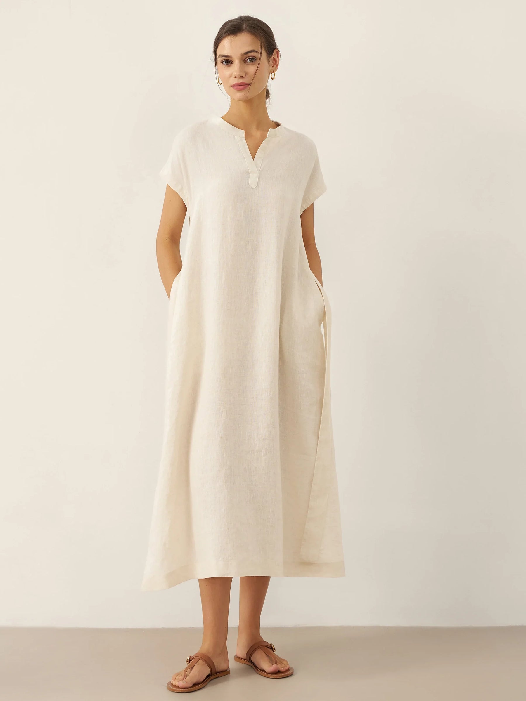 100% Linen Mandarin Collar Maxi Dress with Detachable Belt MARGARET - Glamourous Grace
