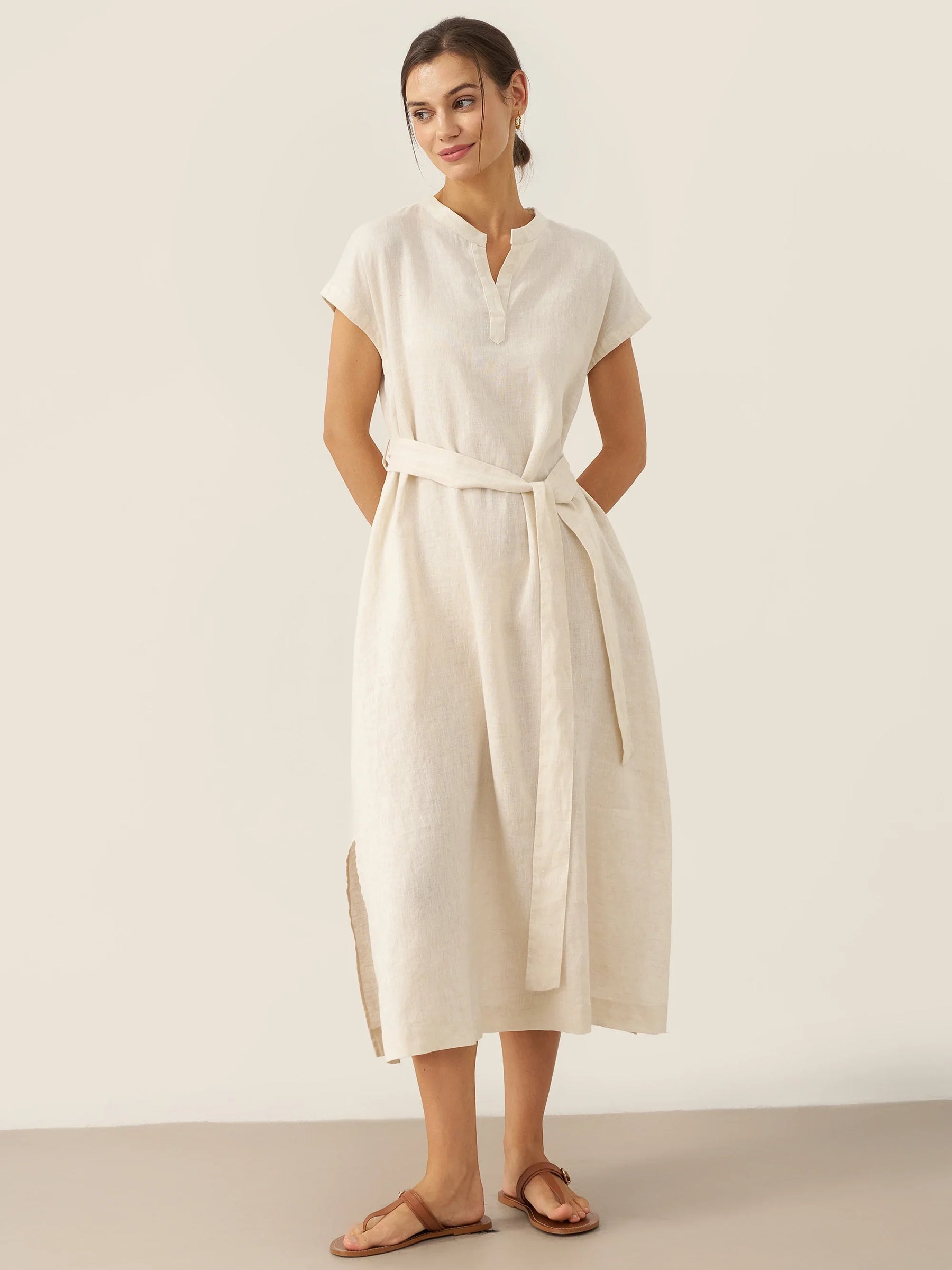 100% Linen Mandarin Collar Maxi Dress with Detachable Belt MARGARET - Glamourous Grace