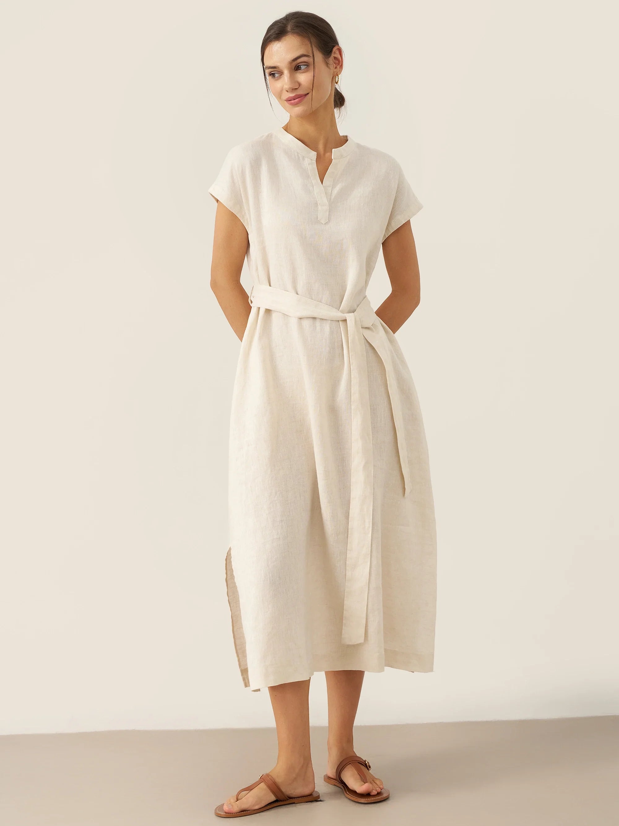 100% Linen Mandarin Collar Midi Dress with Detachable Belt MARGARET - Glamourous Grace