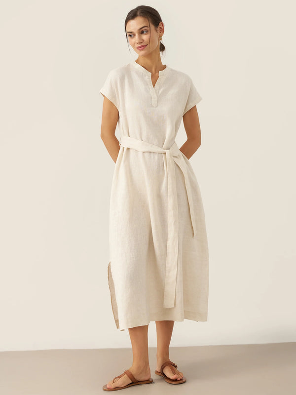 100% Linen Mandarin Collar Midi Dress with Detachable Belt MARGARET - Glamourous Grace