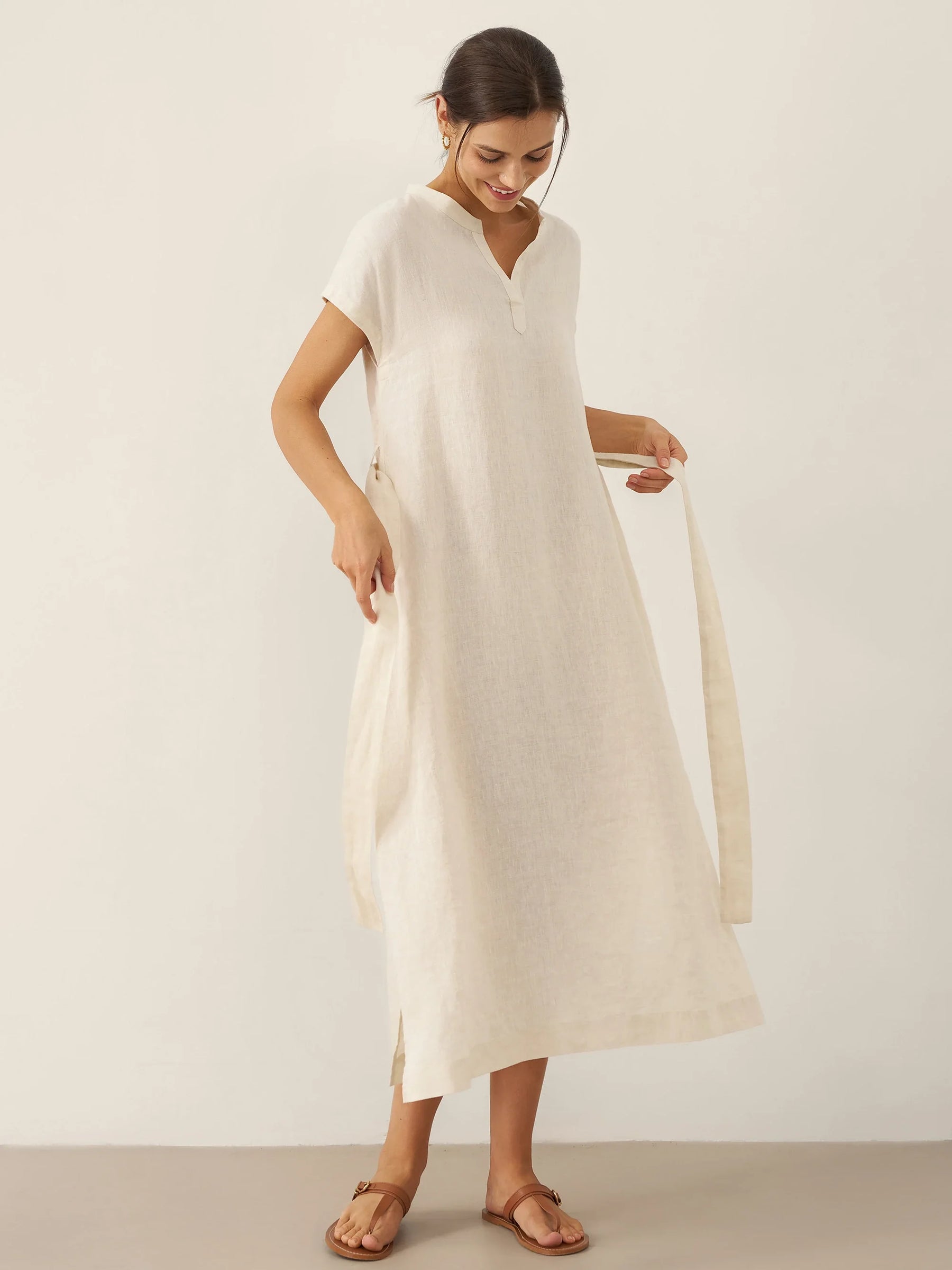 100% Linen Mandarin Collar Maxi Dress with Detachable Belt MARGARET - Glamourous Grace