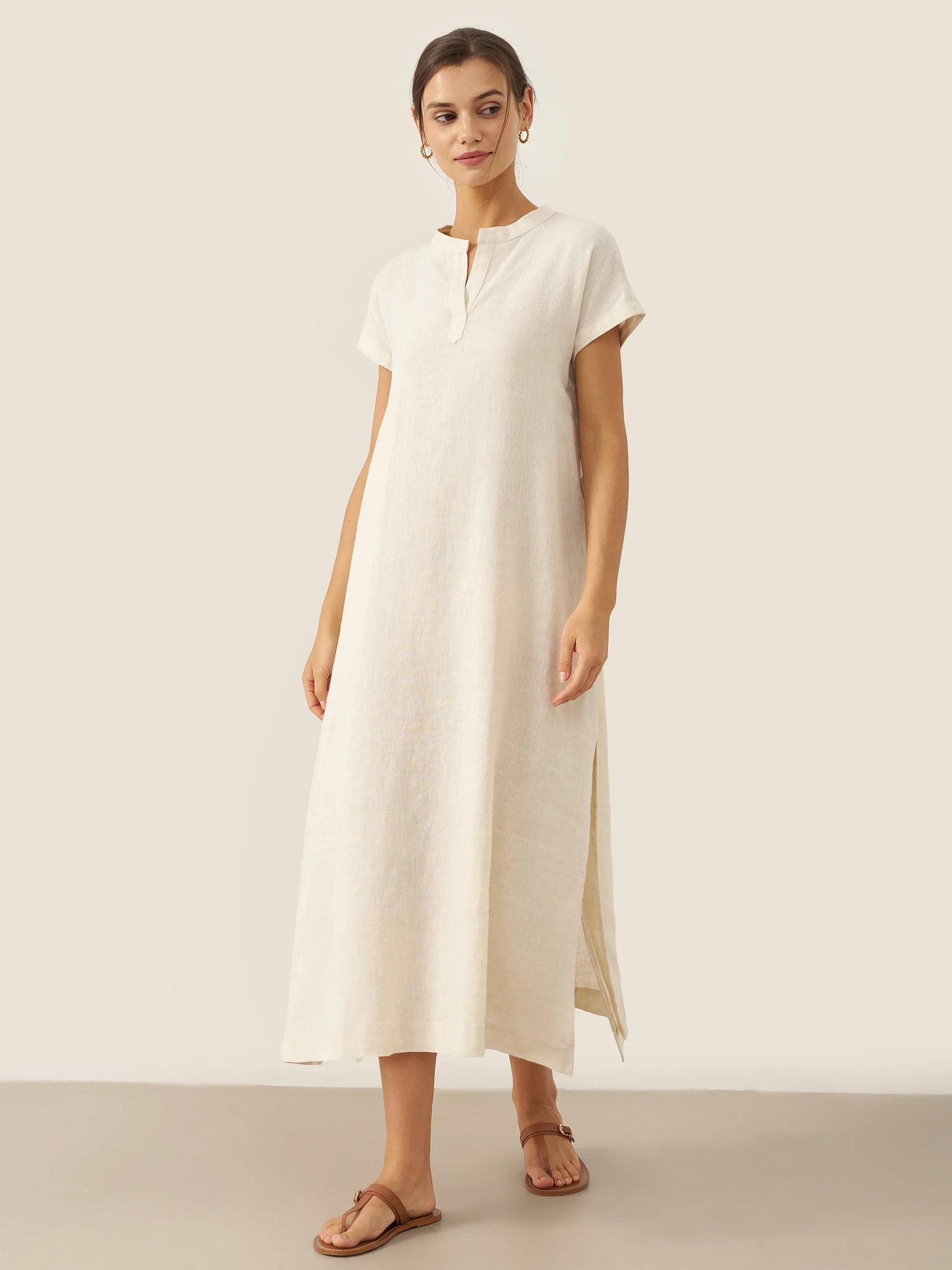 100% Linen Mandarin Collar Maxi Dress with Detachable Belt MARGARET - Glamourous Grace