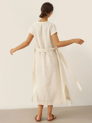 100% Linen Mandarin Collar Maxi Dress with Detachable Belt MARGARET