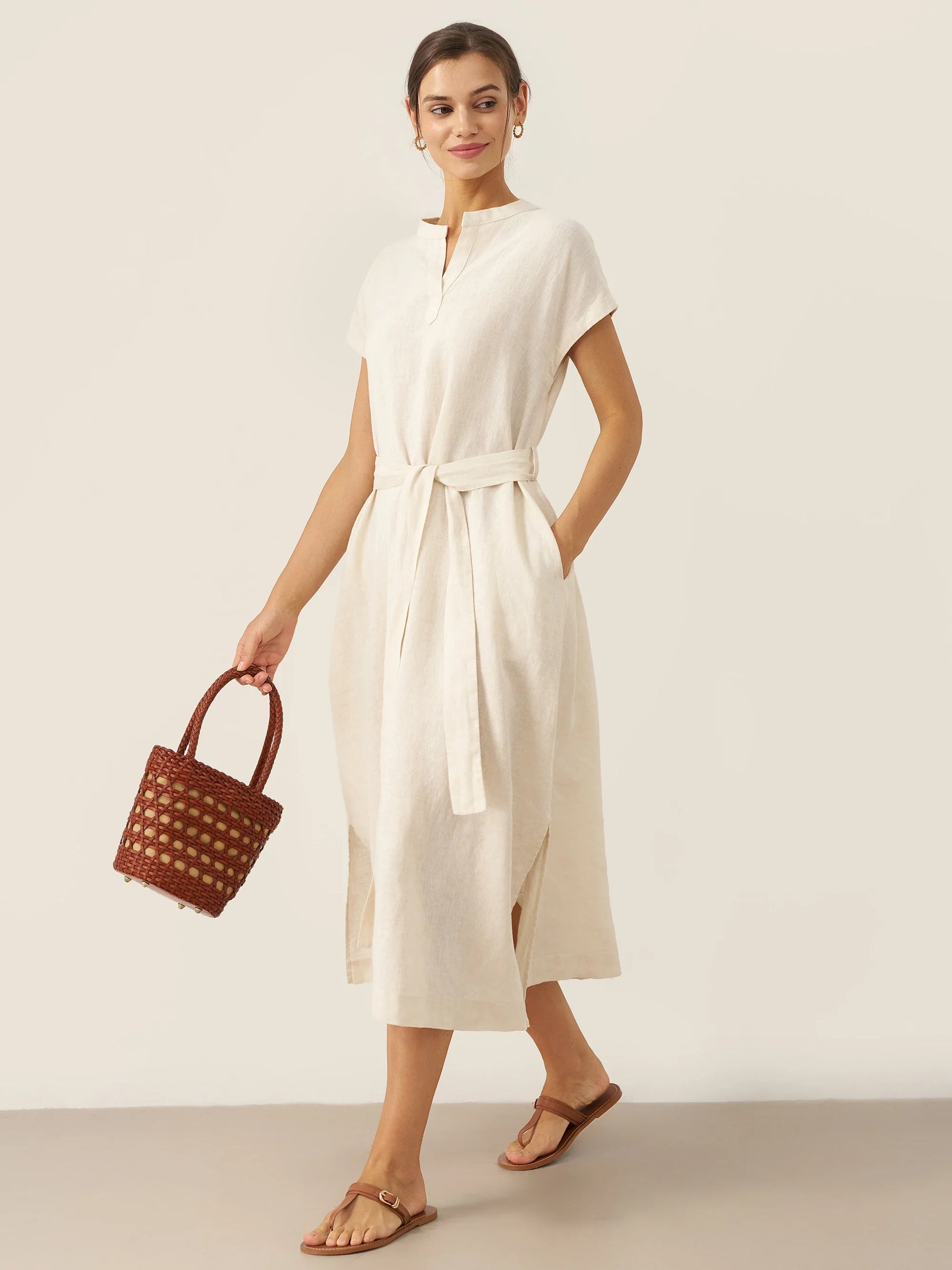 100% Linen Mandarin Collar Maxi Dress with Detachable Belt MARGARET - Glamourous Grace