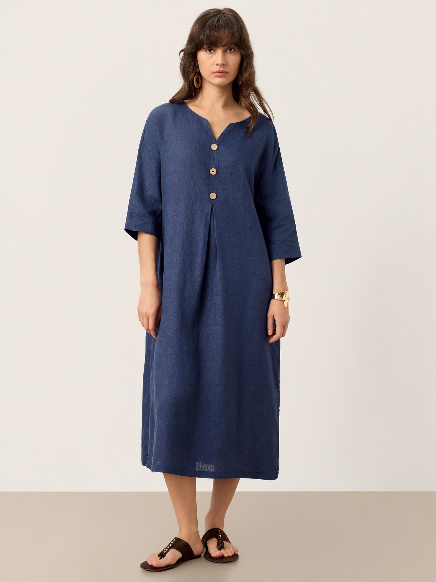 100% Linen Notch Neck Inverted Pleat Maxi Dress MATILDE - Glamourous Grace