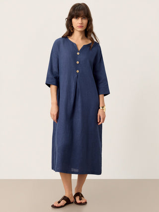 100% Linen Notch Neck Inverted Pleat Maxi Dress MATILDE - Glamourous Grace