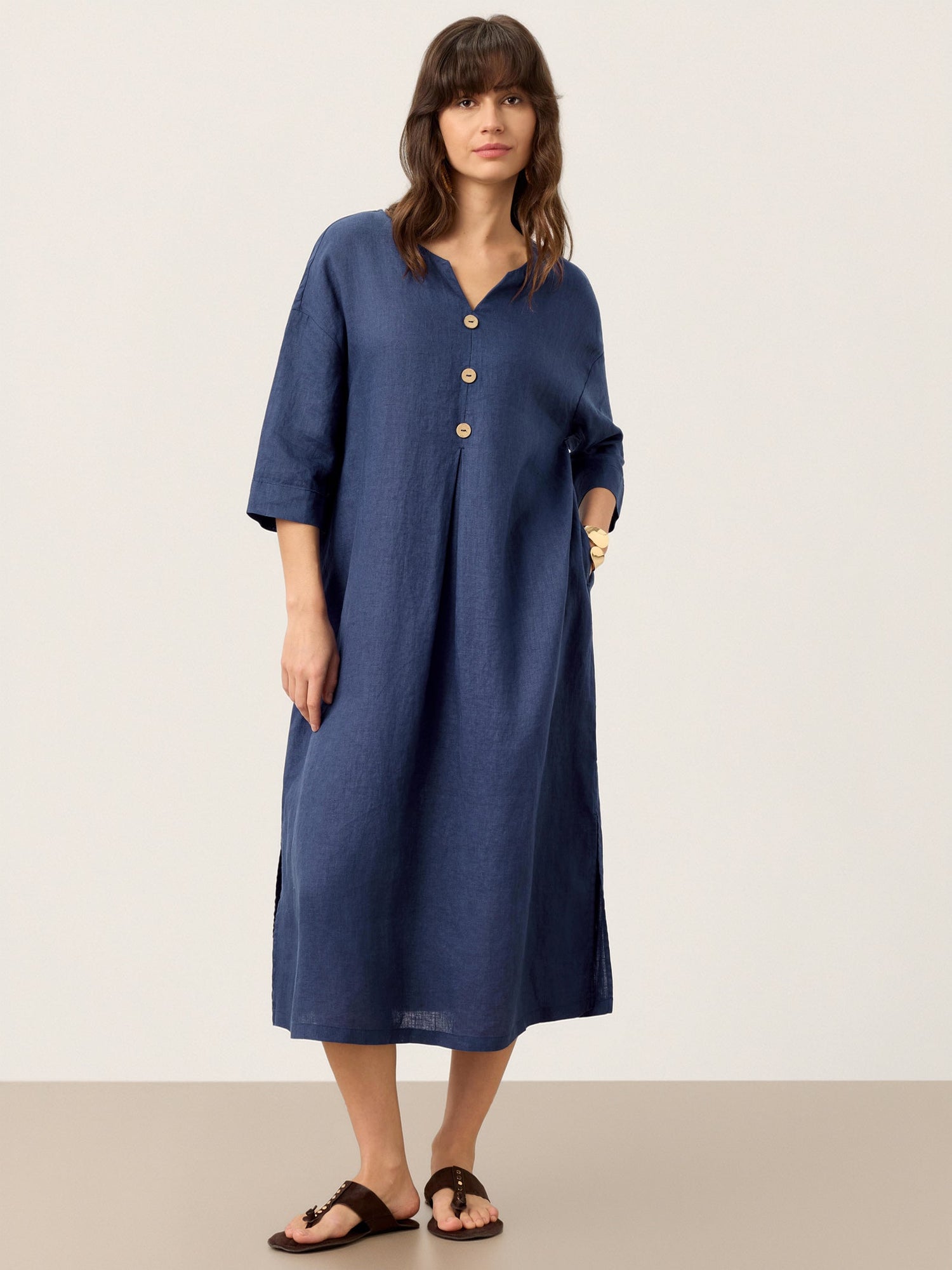 100% Linen Notch Neck Inverted Pleat Maxi Dress MATILDE - Glamourous Grace