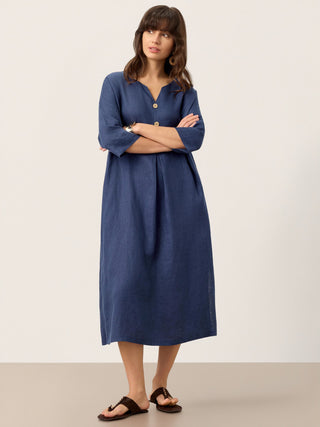 100% Linen Notch Neck Inverted Pleat Maxi Dress MATILDE - Glamourous Grace