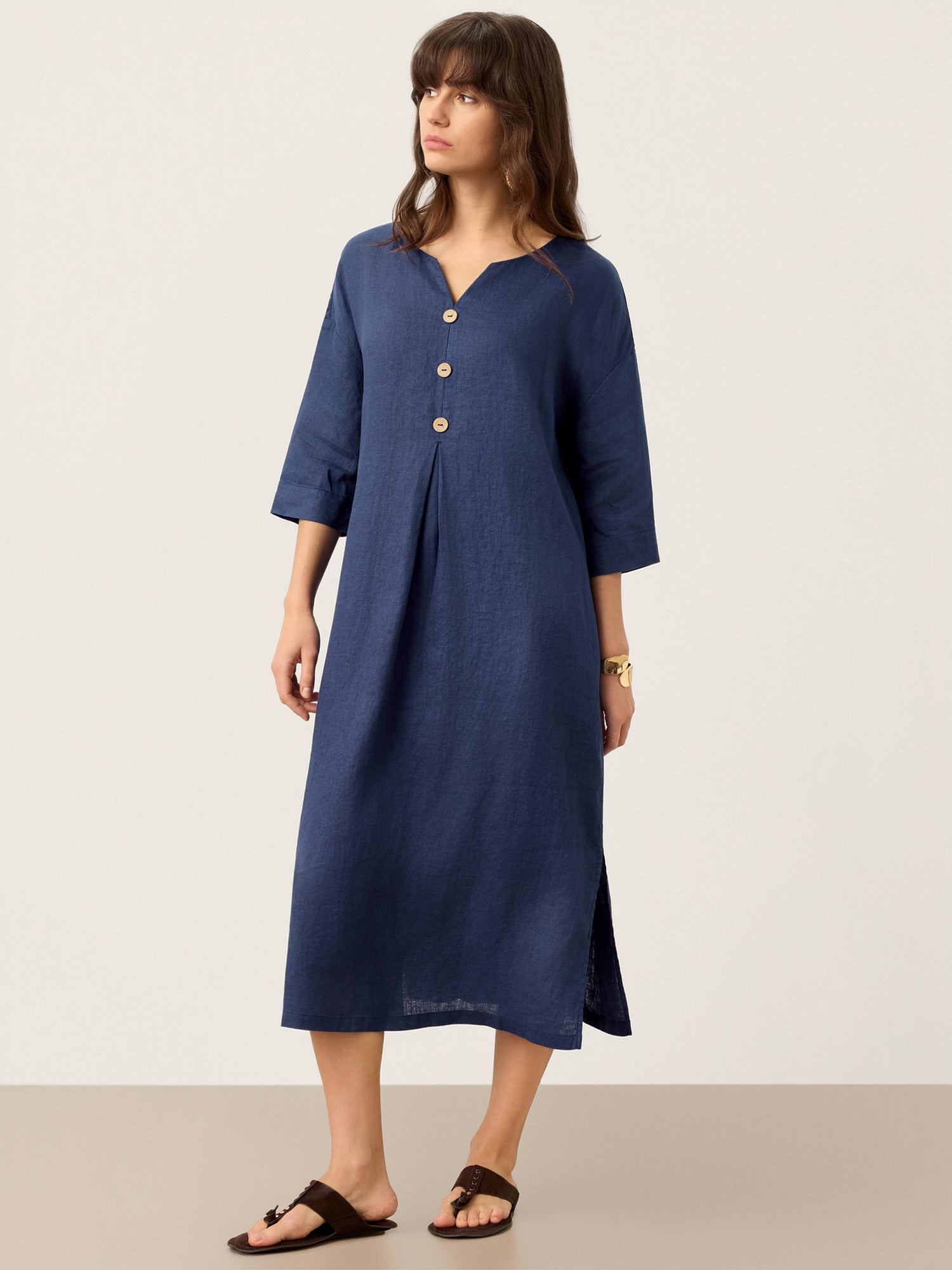 100% Linen Notch Neck Inverted Pleat Maxi Dress MATILDE - Glamourous Grace