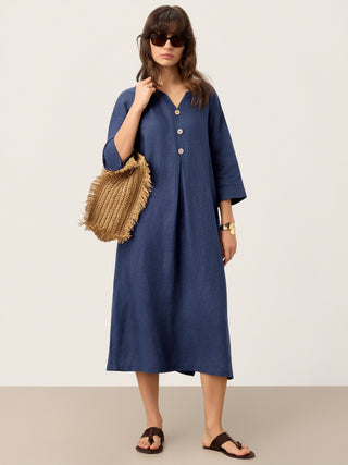 100% Linen Notch Neck Inverted Pleat Maxi Dress MATILDE - Glamourous Grace
