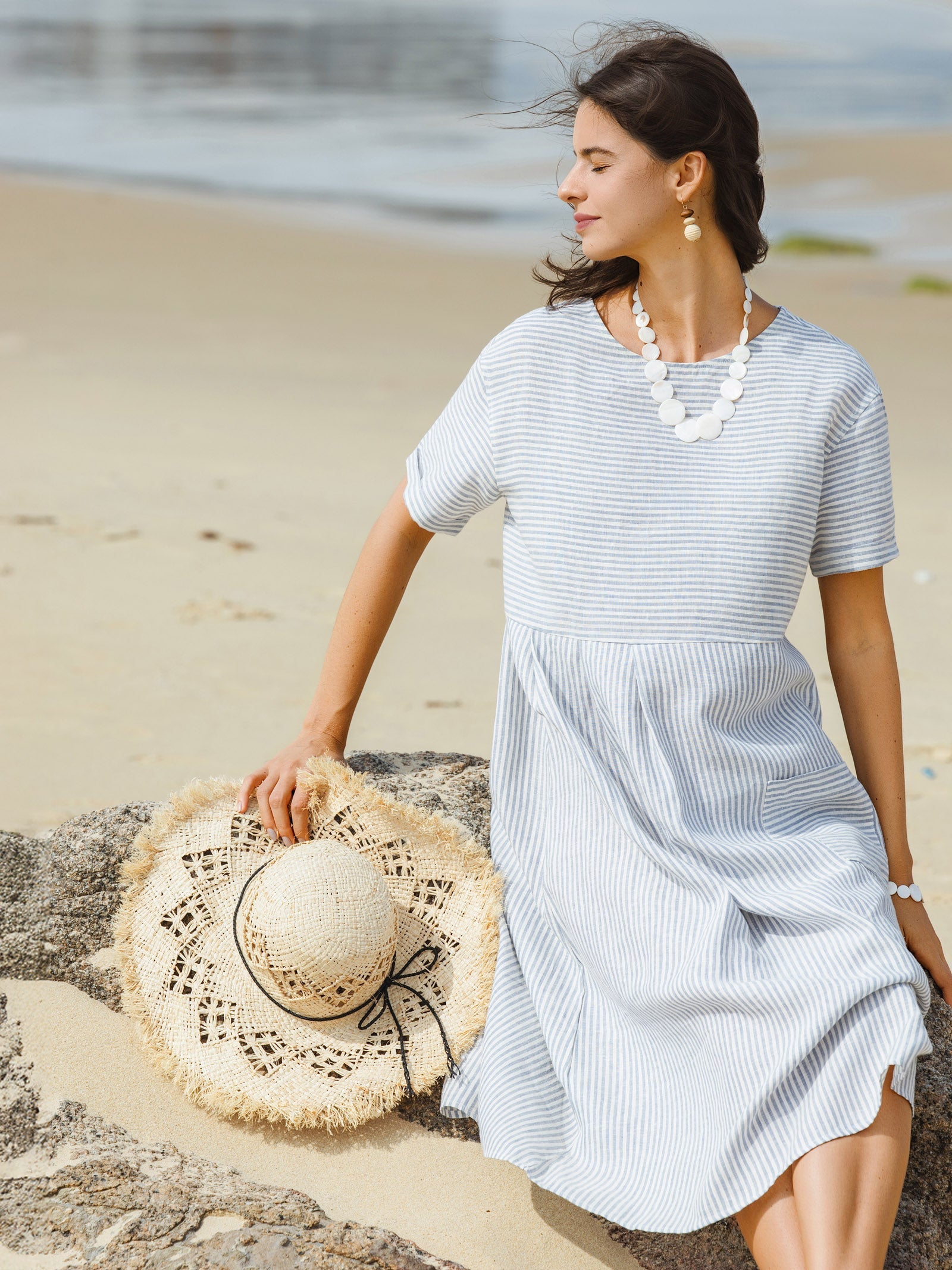 100% Linen Pinstripe Paneled Short-Sleeved Dress MORGAN - Glamourous Grace