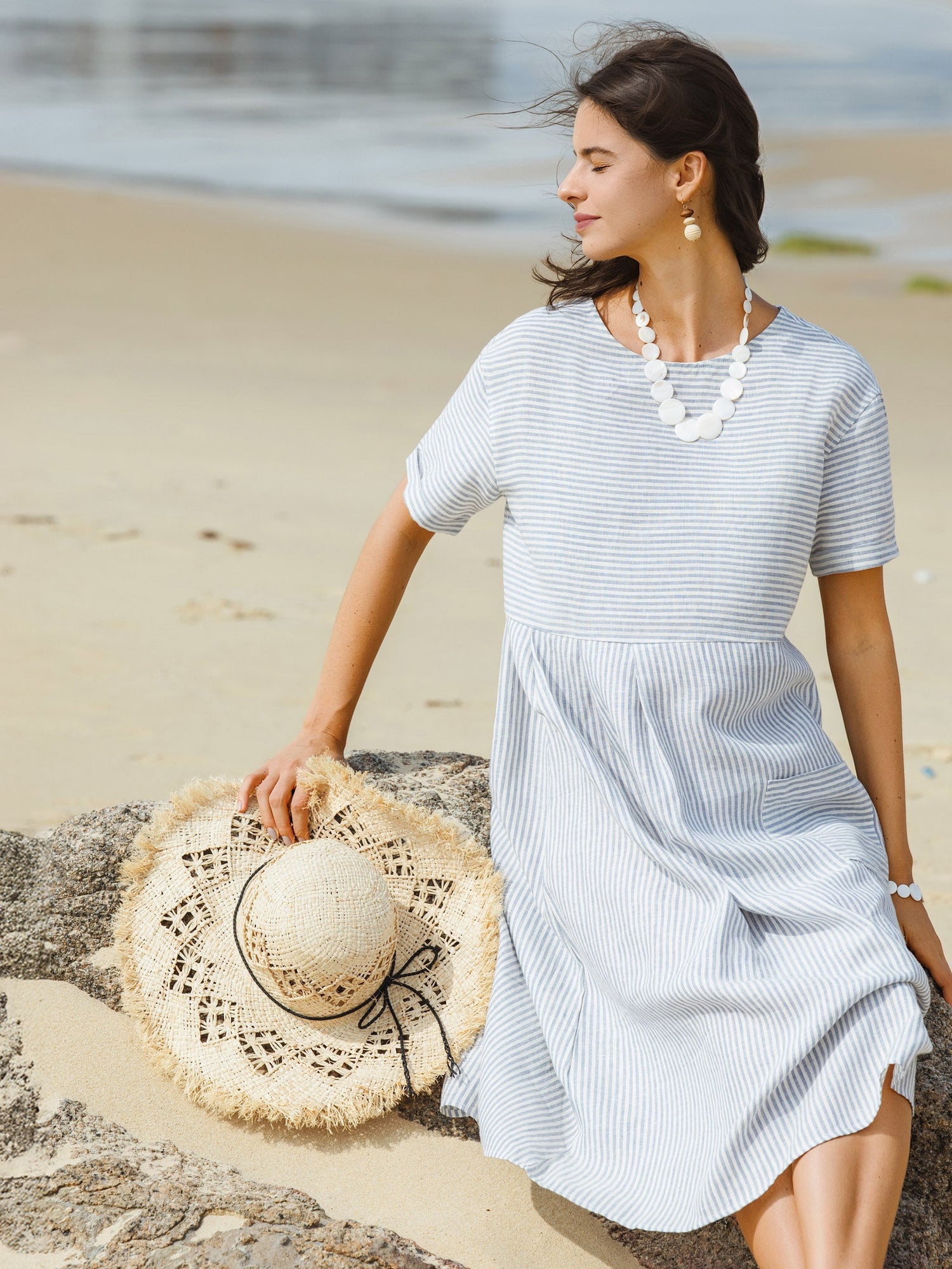 100% Linen Pinstripe Paneled Short-Sleeved Dress MORGAN - Glamourous Grace