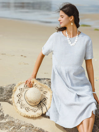 LINTICO Morgan linen midi dress with pinstripe pattern, short sleeves, and paneled design, perfect for casual or summer wear.