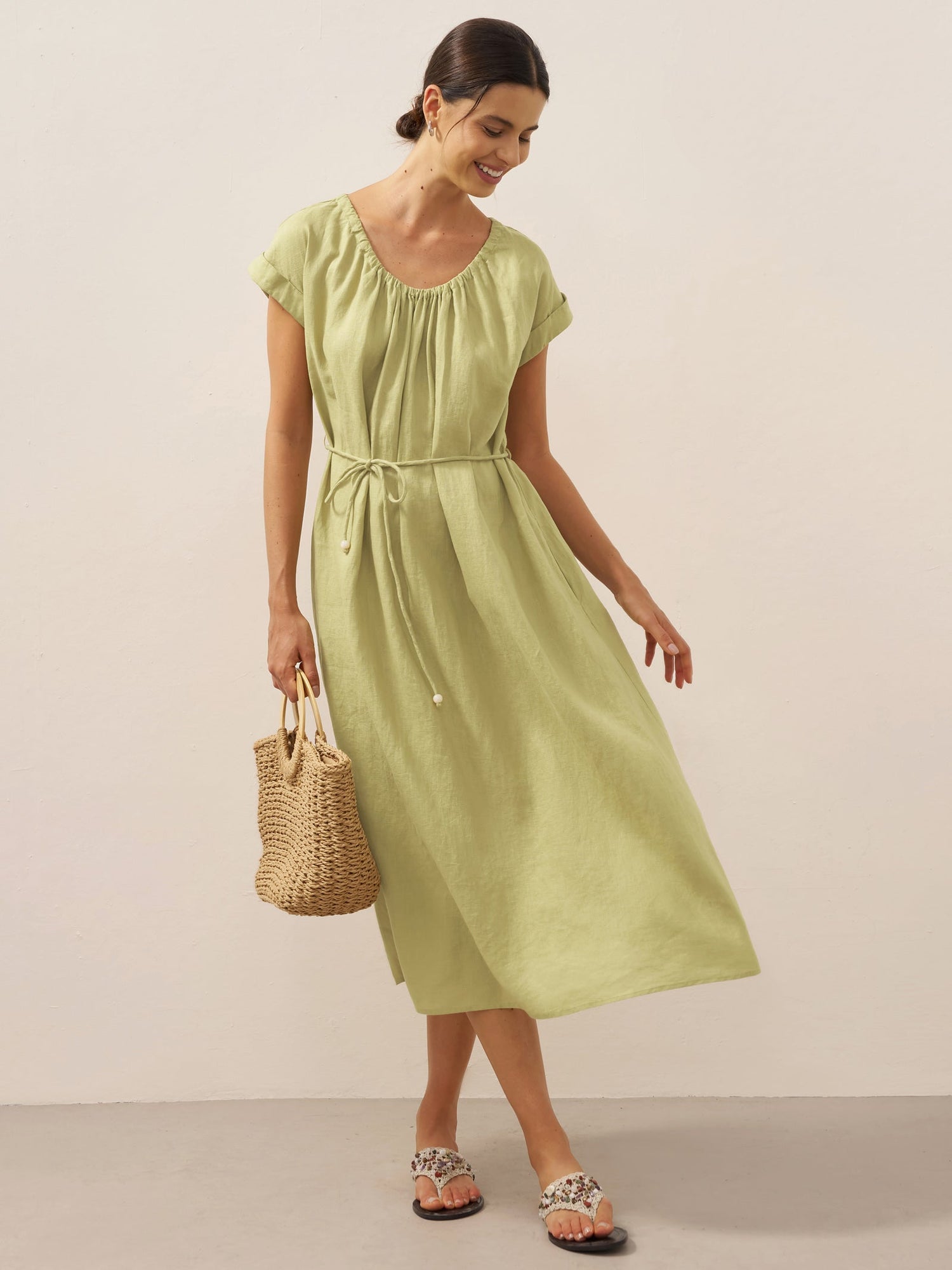 100% Linen Pleated Crew Neck Maxi Dress with Detachable Tie Straps MIRA - Glamourous Grace