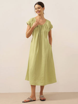 100% Linen Pleated Crew Neck Maxi Dress with Detachable Tie Straps MIRA - Glamourous Grace