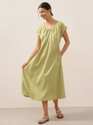 100% Linen Pleated Crew Neck Maxi Dress with Detachable Tie Straps MIRA - Glamourous Grace