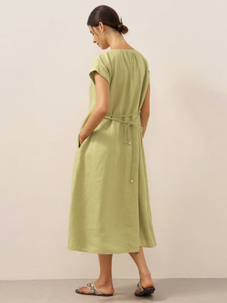 100% Linen Pleated Crew Neck Maxi Dress with Detachable Tie Straps MIRA - Glamourous Grace