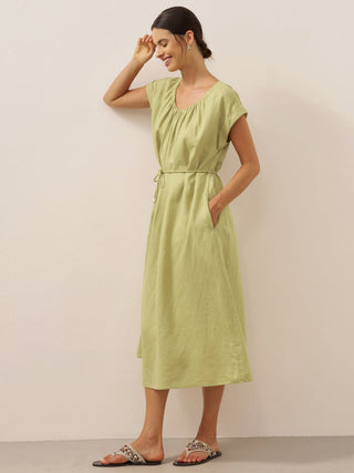 100% Linen Pleated Crew Neck Maxi Dress with Detachable Tie Straps MIRA - Glamourous Grace