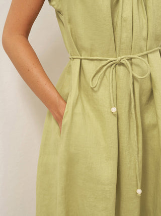 100% Linen Pleated Crew Neck Maxi Dress with Detachable Tie Straps MIRA - Glamourous Grace