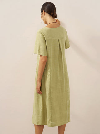 100% Linen Pleated Crew Neck Midi Dress MILA - Glamourous Grace