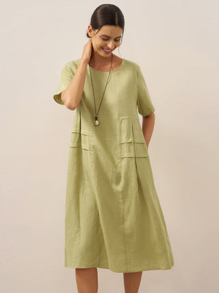 100% Linen Pleated Crew Neck Midi Dress MILA - Glamourous Grace