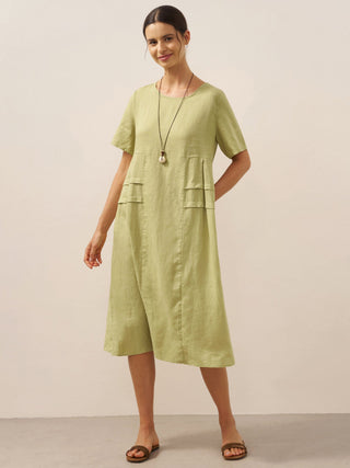 100% Linen Pleated Crew Neck Midi Dress MILA - Glamourous Grace